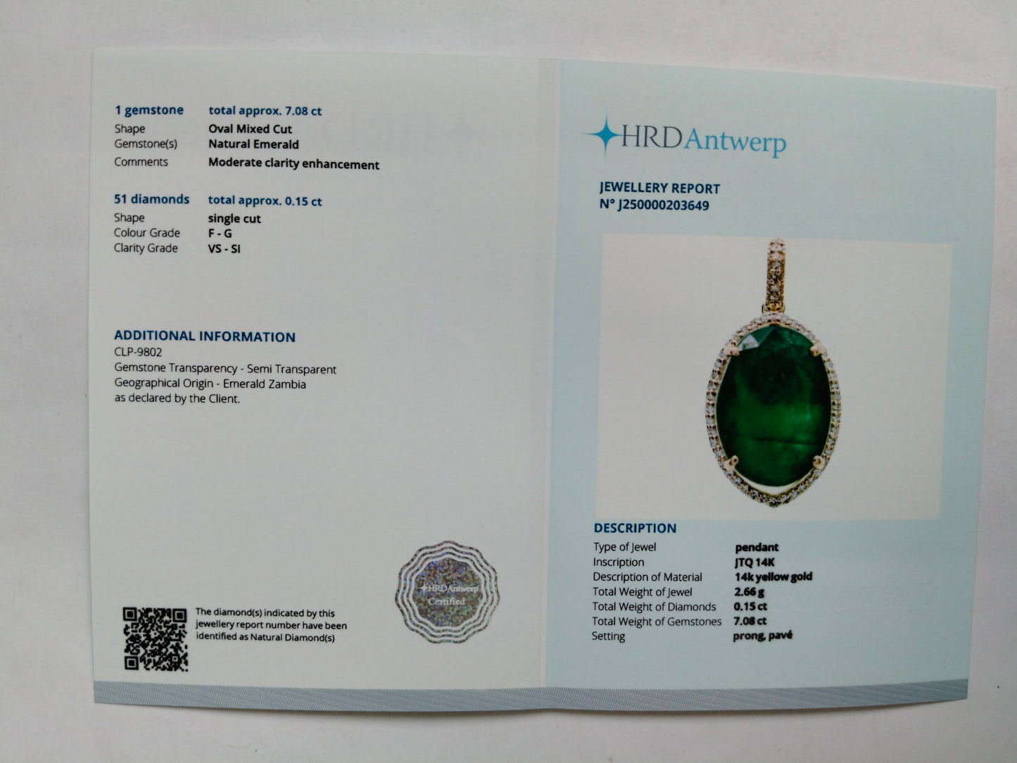 7.23 Ct Oval Mixed Cut Natural Emerald 14K Gold Pendant