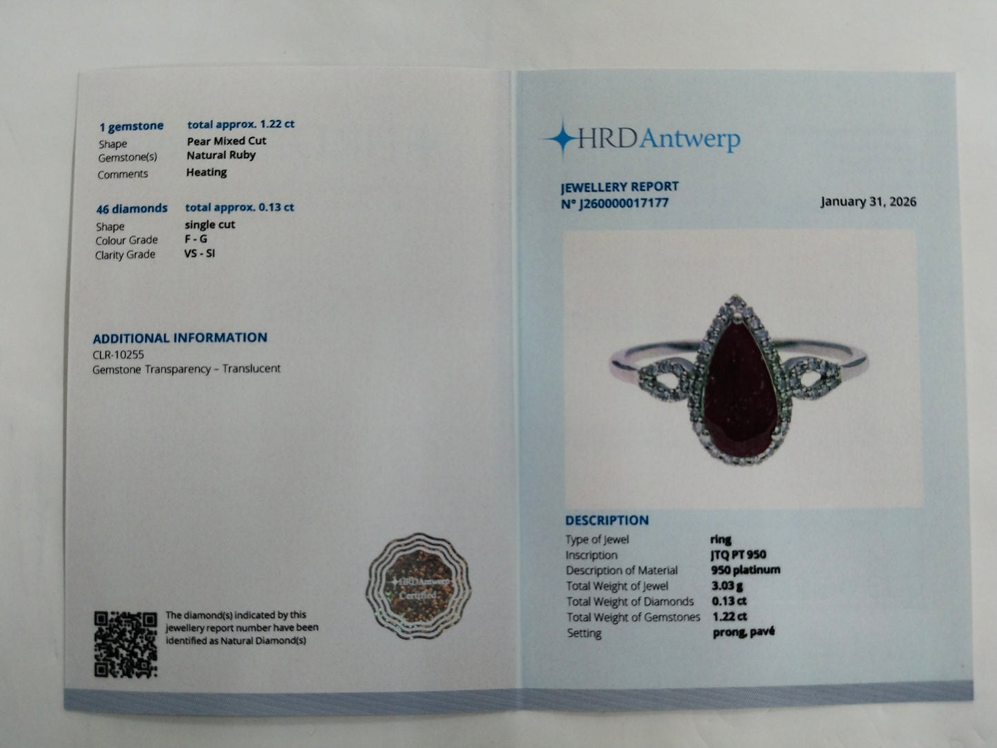 1.35 Ct Pear Mixed Cut Natural Ruby 950 Platinum Ring