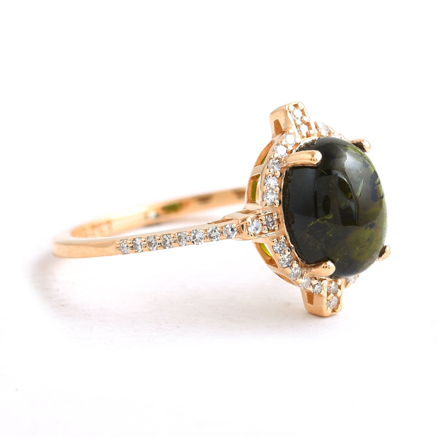 1.84 Ct Oval Cabochon Cut Natural Green Tourmaline 14K Gold Ring