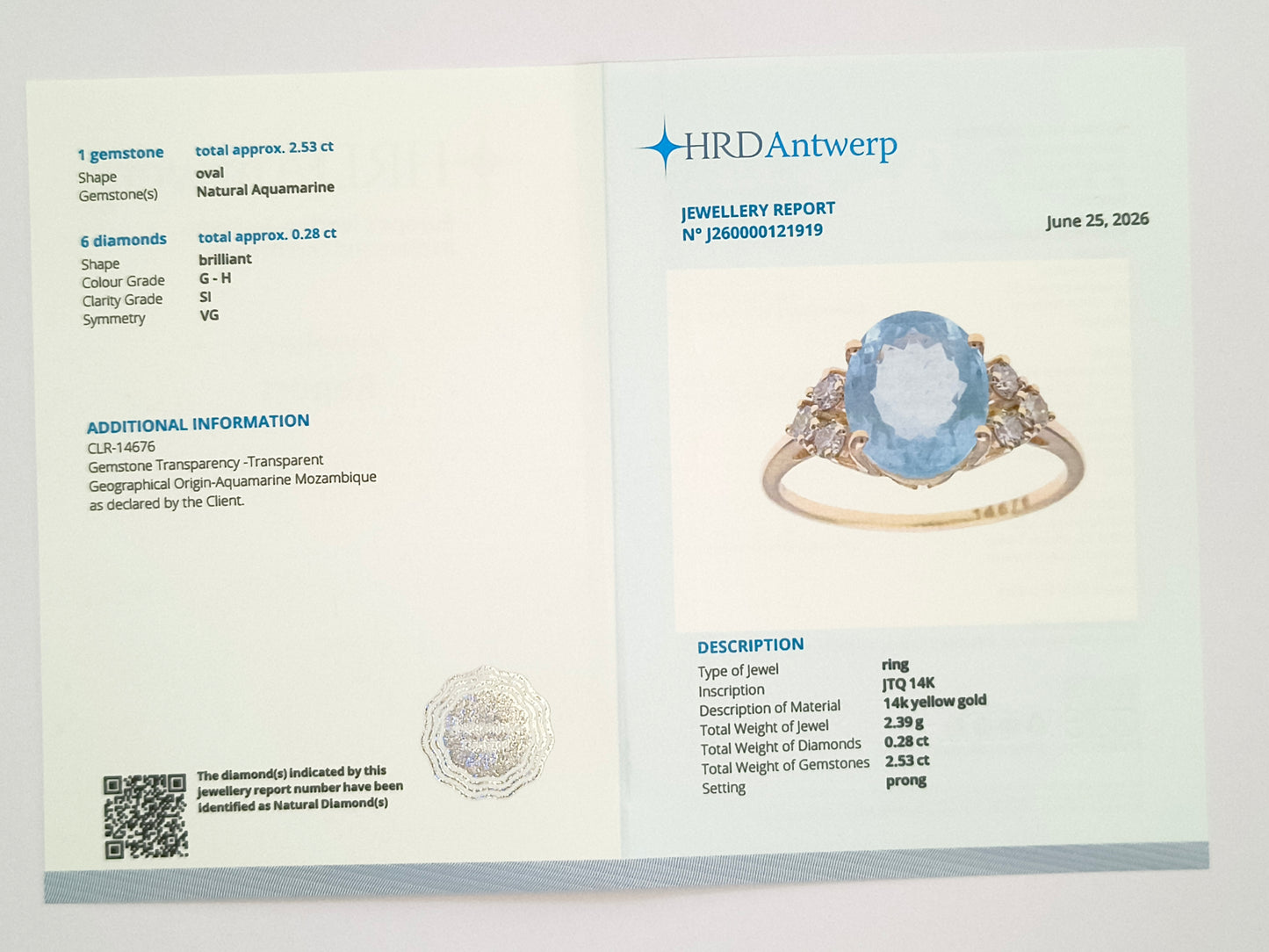 2.81 Ct Oval Natural Aquamarine 14K Gold Ring