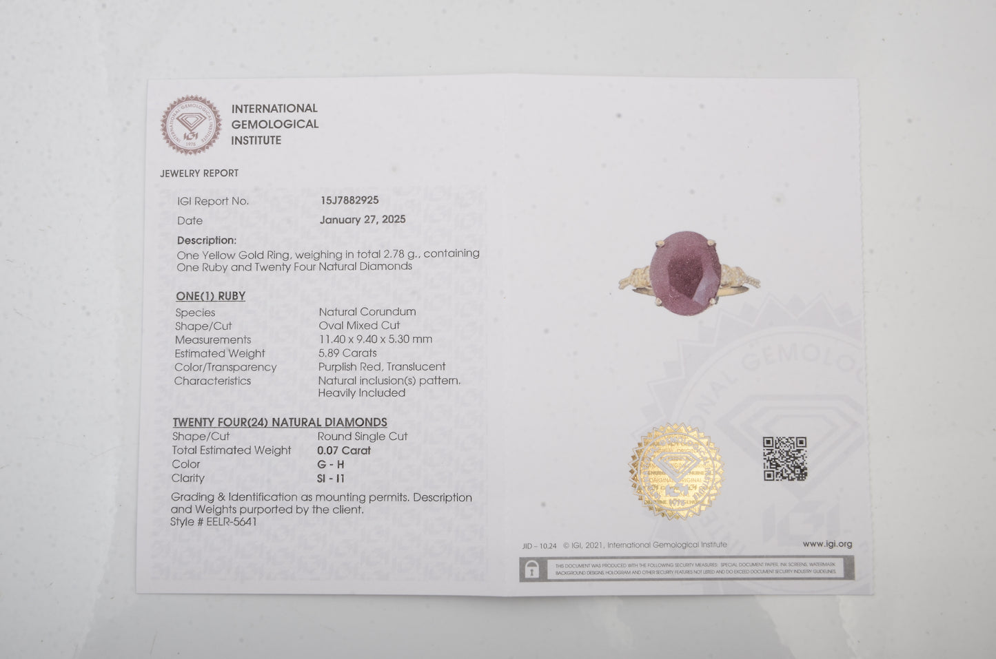5.96 Carats Natural Corundum Ruby 14K Gold Ring