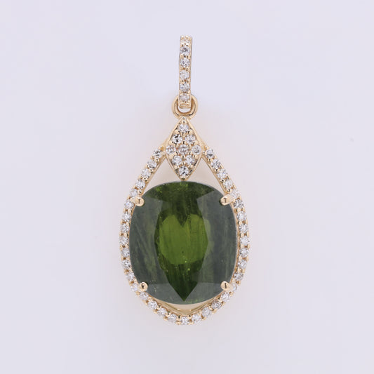 5.43 Ct Cushion Mixed Cut Natural Green Sapphire 14K Gold Pendant