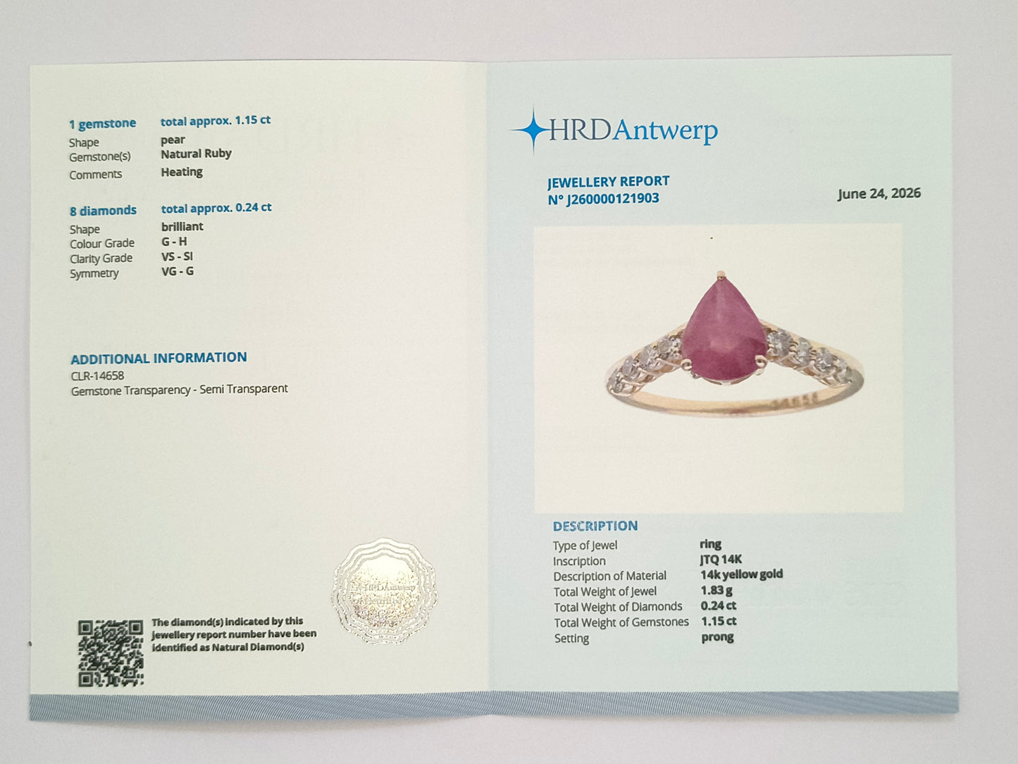1.39 Ct Pear Natural Ruby 14K Gold Ring