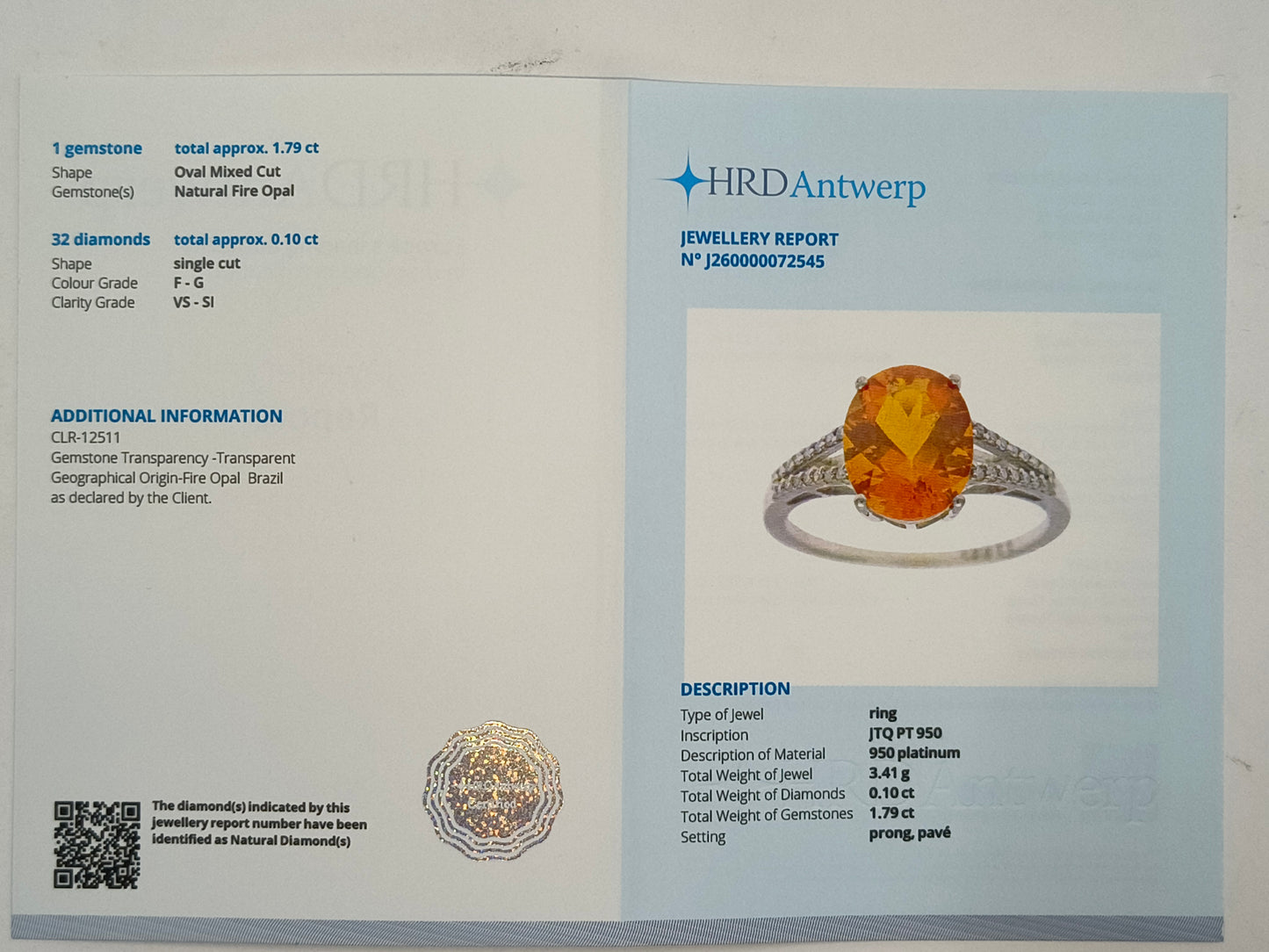1.89 Ct Oval Mixed Cut Natural Fire Opal 950 Platinum Ring