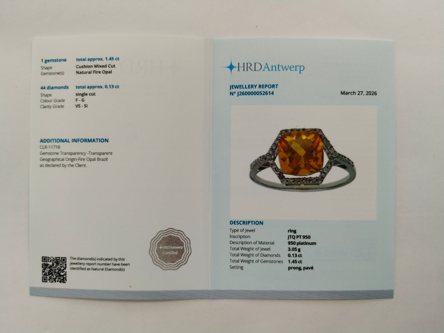 1.58 Ct Cushion Mixed Cut Natural Fire Opal 950 Platinum Ring