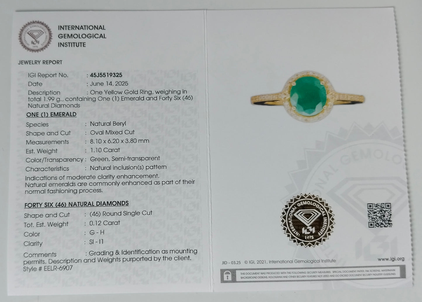 1.22 Ct Oval Mixed Cut Natural Beryl Emerald 14K Gold Ring