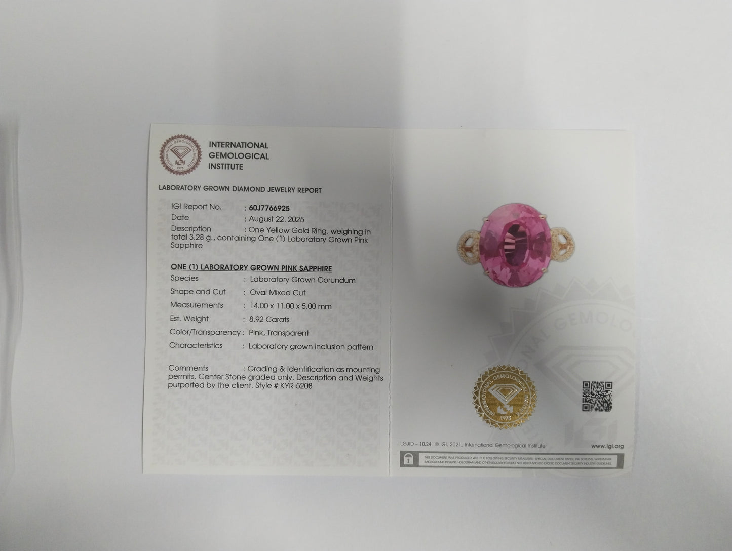 9.02 Ct Oval Mixed Cut Lab Grown Pink Sapphire 14K Gold Ring