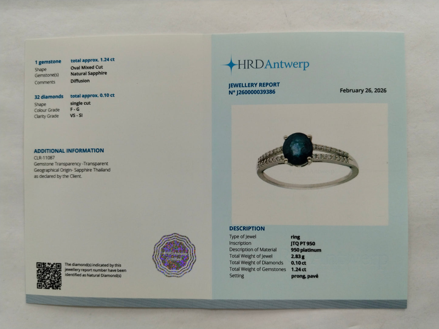 1.34 Ct Oval Mixed Cut Natural Sapphire 950 Platinum Ring