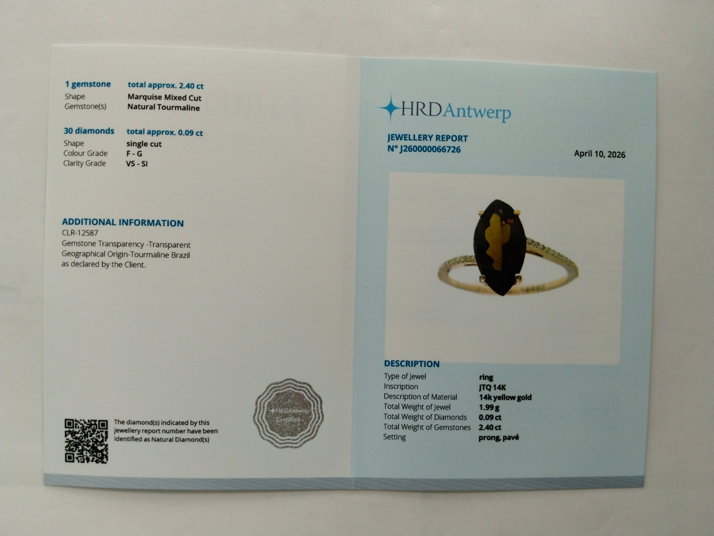 2.49 Ct Marquise Mixed Cut Natural Tourmaline 14K Gold Ring