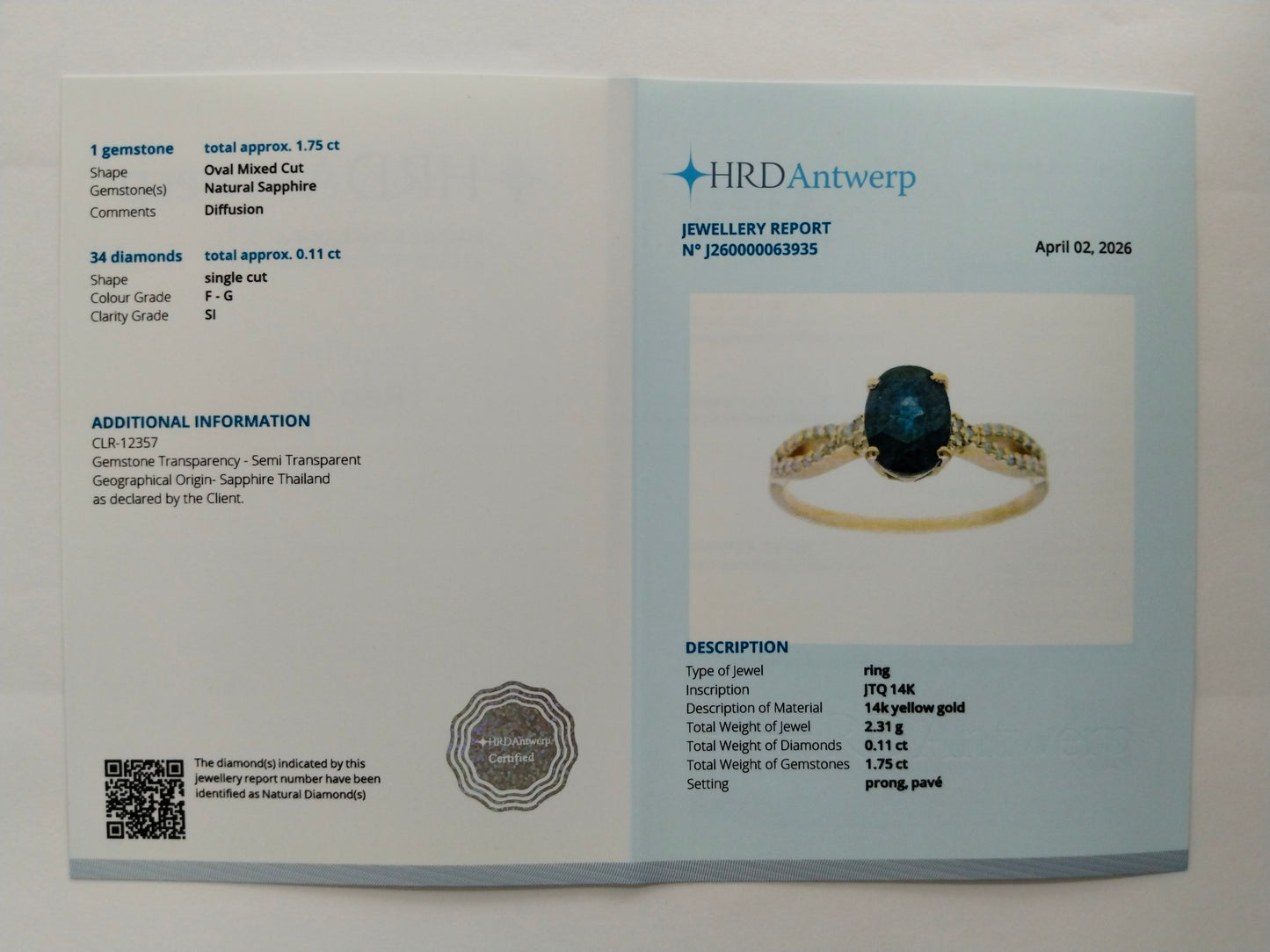 1.86 Ct Oval Mixed Cut Natural Sapphire 14K Gold Ring