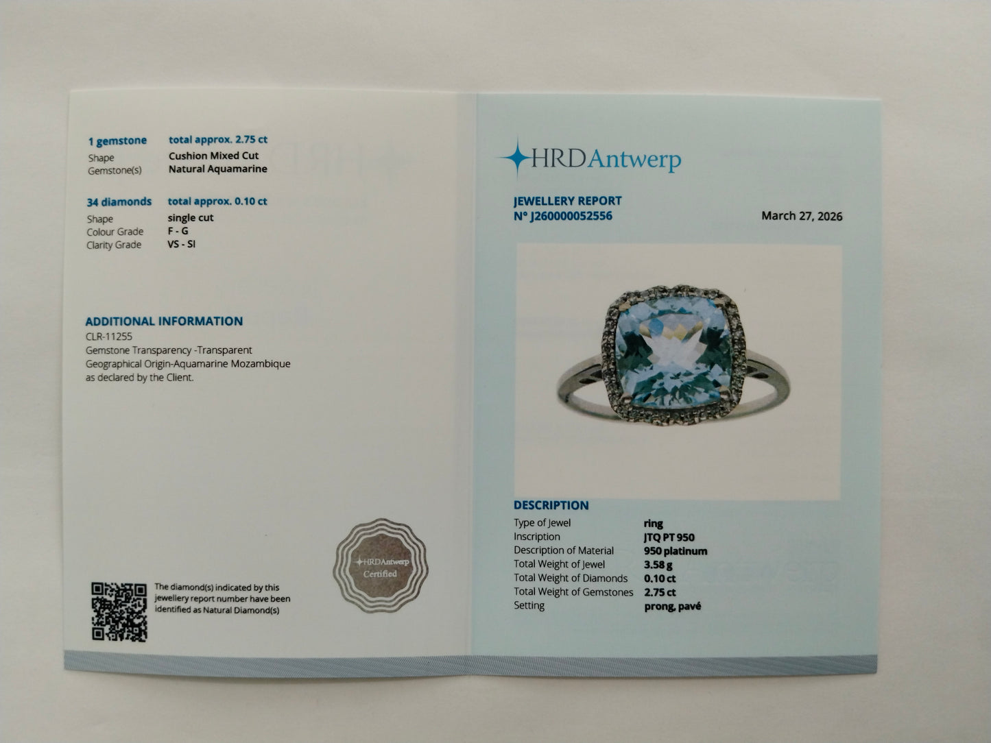 2.85 Ct Cushion Mixed Cut Natural Aquamarine 950 Platinum Ring