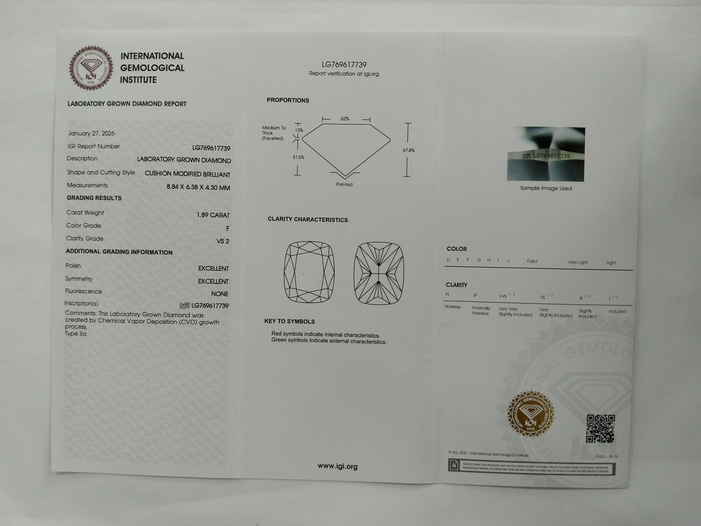 2.16 Ct Cushion Modified Brilliant Lab Grown Diamond 950 Platinum Ring