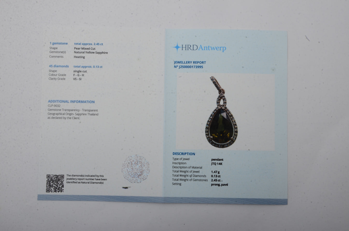 2.58 Ct Pear Mixed Cut Natural Yellow Sapphire 14K Gold Pendant