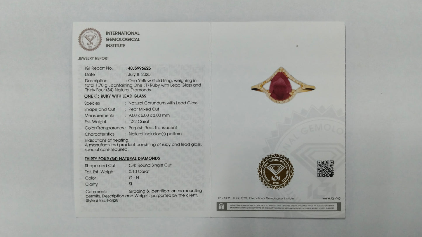 1.32 Ct Pear Mixed Cut Natural Corundum Ruby 14K Gold Ring