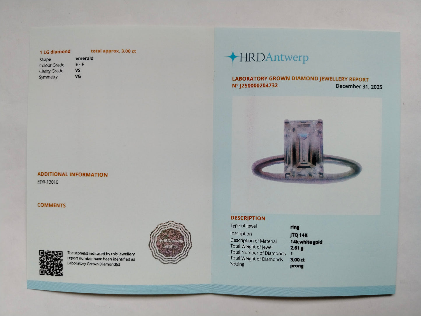 3.00 Carats Lab Grown Diamond 14K Gold Ring
