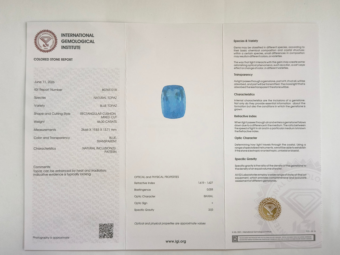 66.34 Natural Topaz Blue Topaz Rectangular Cushion Mixed Cut Gemstone