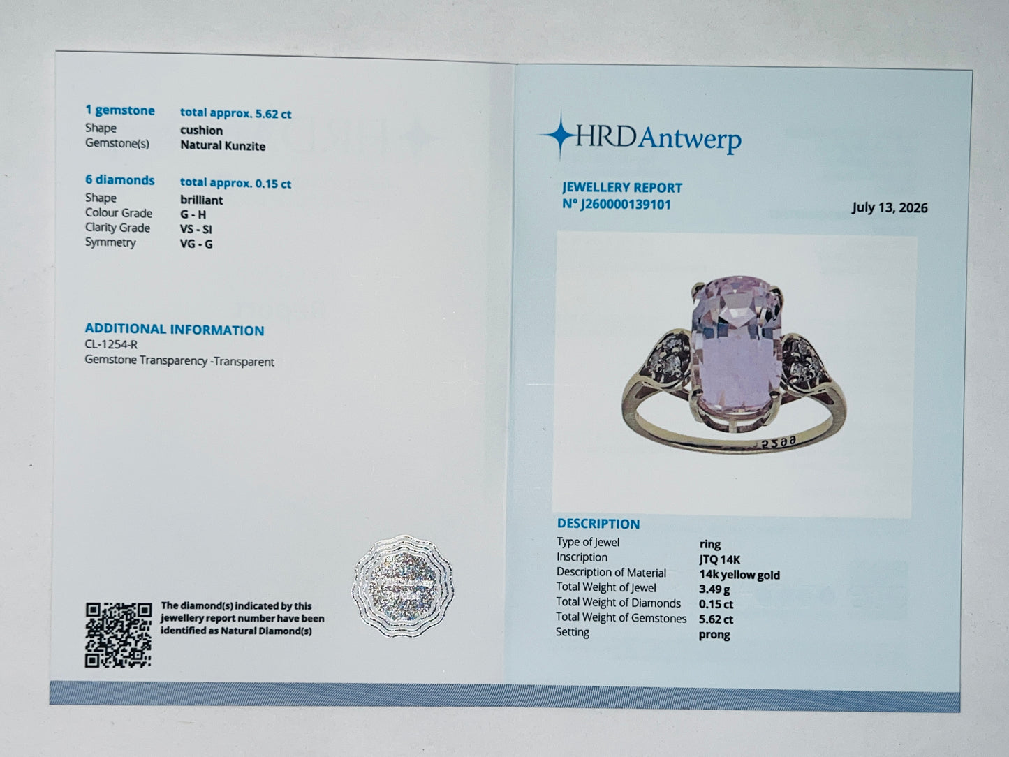 5.77 Ct Cushion Natural Kunzite 14K Gold Ring