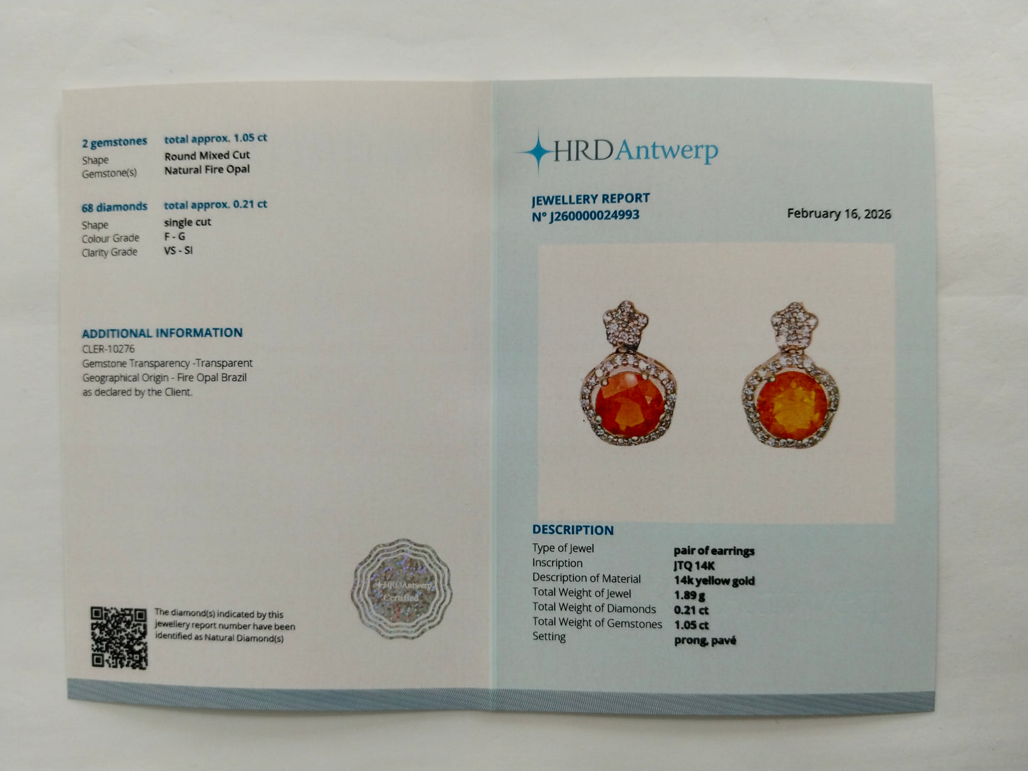 1.26 Ct Round Mixed Cut Natural Fire Opal 14K Gold Earrings