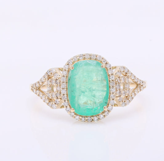1.83 Ct Cushion Mixed Cut Natural Emerald 14K Gold Ring