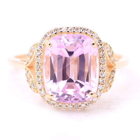 5.59 Ct Cushion Mixed Cut Natural Kunzite 14K Gold Ring