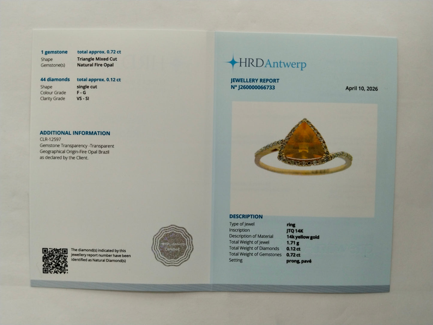 0.84 Ct Triangle Mixed Cut Natural Fire Opal 14K Gold Ring