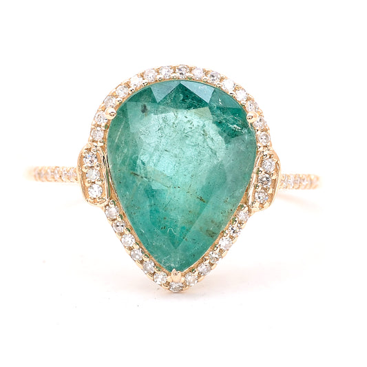 3.24 Ct Pear Mixed Cut Natural Emerald 14K Gold Ring