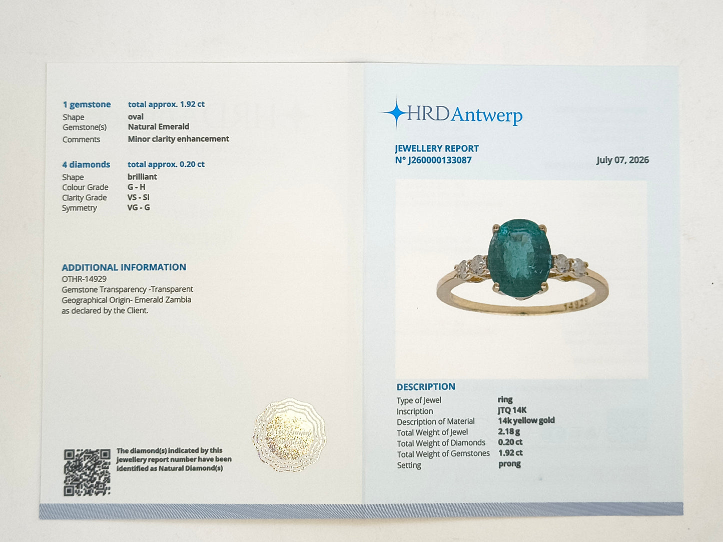 2.12 Ct Oval Natural Emerald 14K Gold Ring
