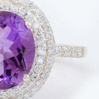 5.30 Ct Oval Amethyst, Cubic Zirconia 925 Sterling Silver Ring