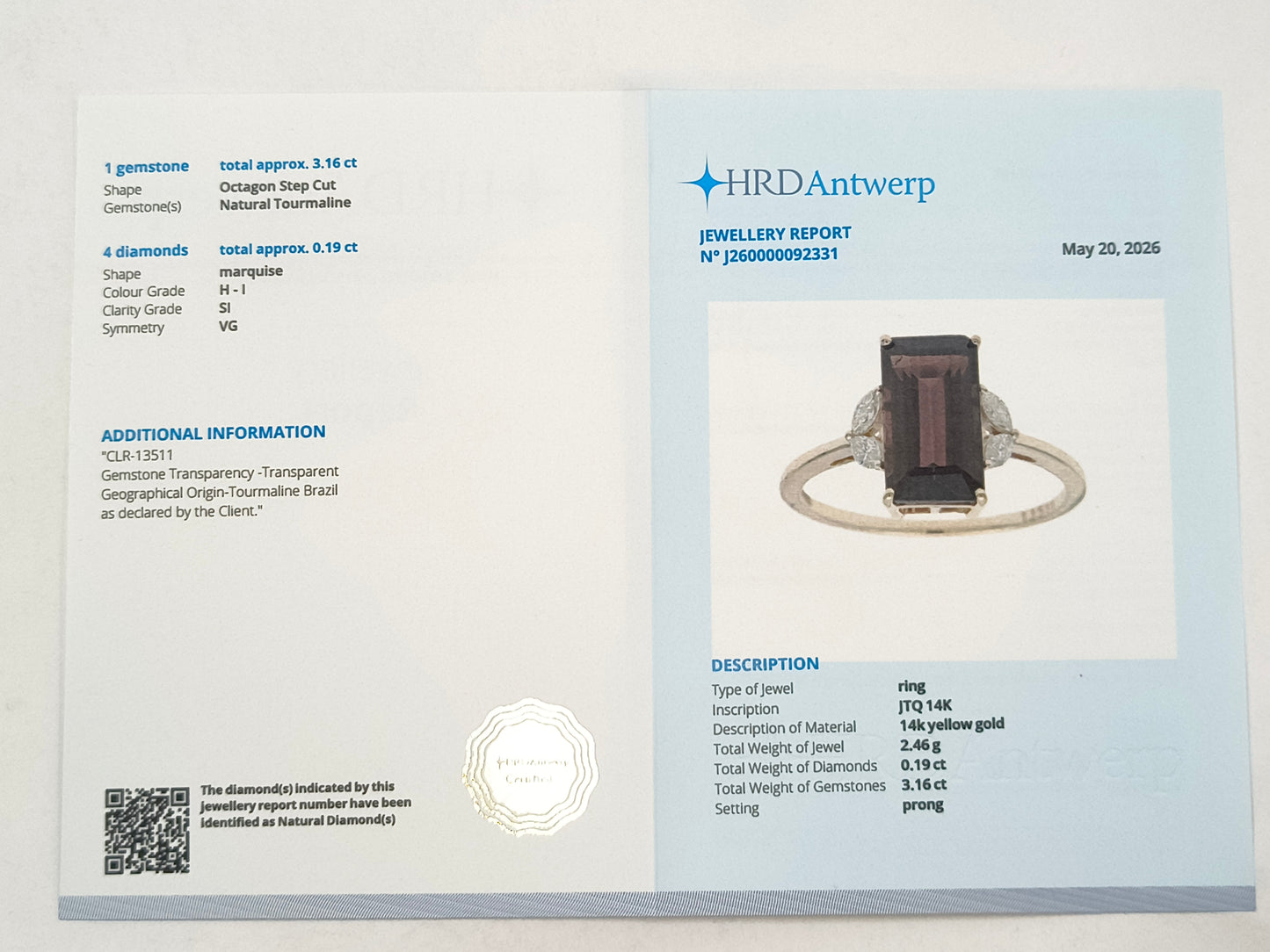 3.35 Ct Octagon Tourmaline 14K Gold Ring