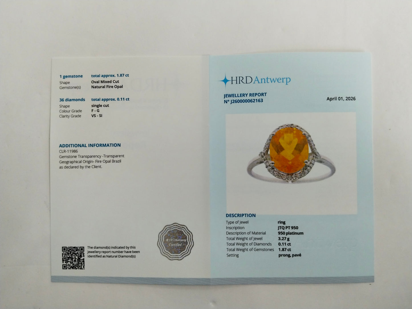 1.98 Ct Oval Mixed Cut Natural Fire Opal 950 Platinum Ring