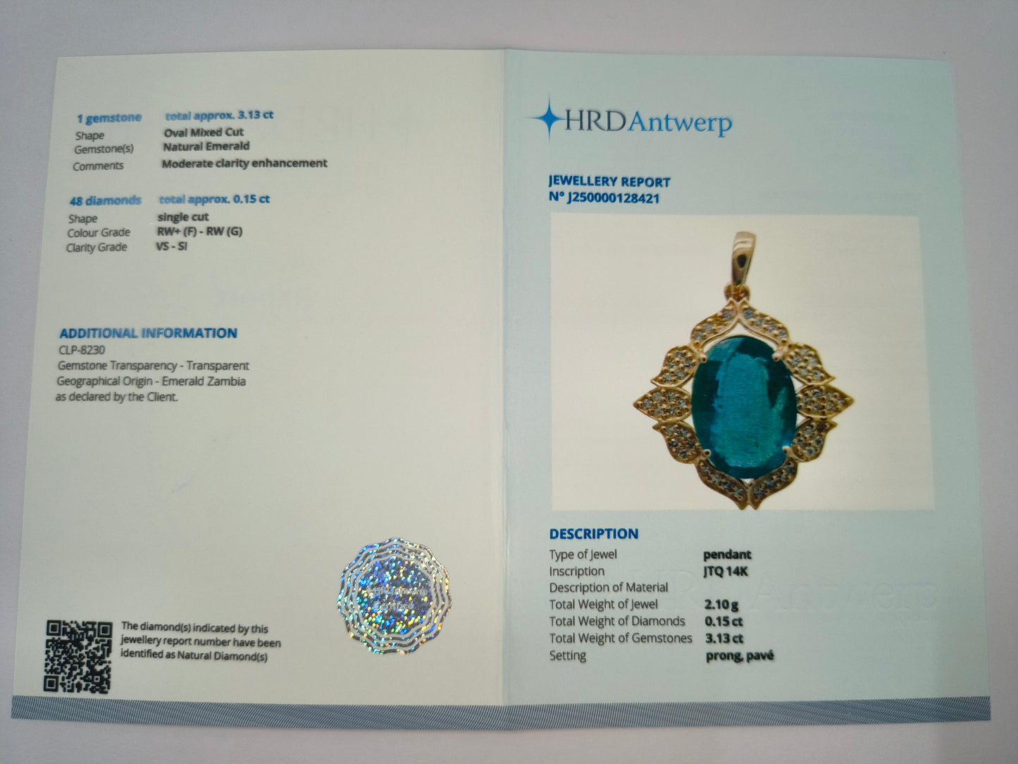 3.28 Ct Oval Natural Emerald 14K Gold Pendant