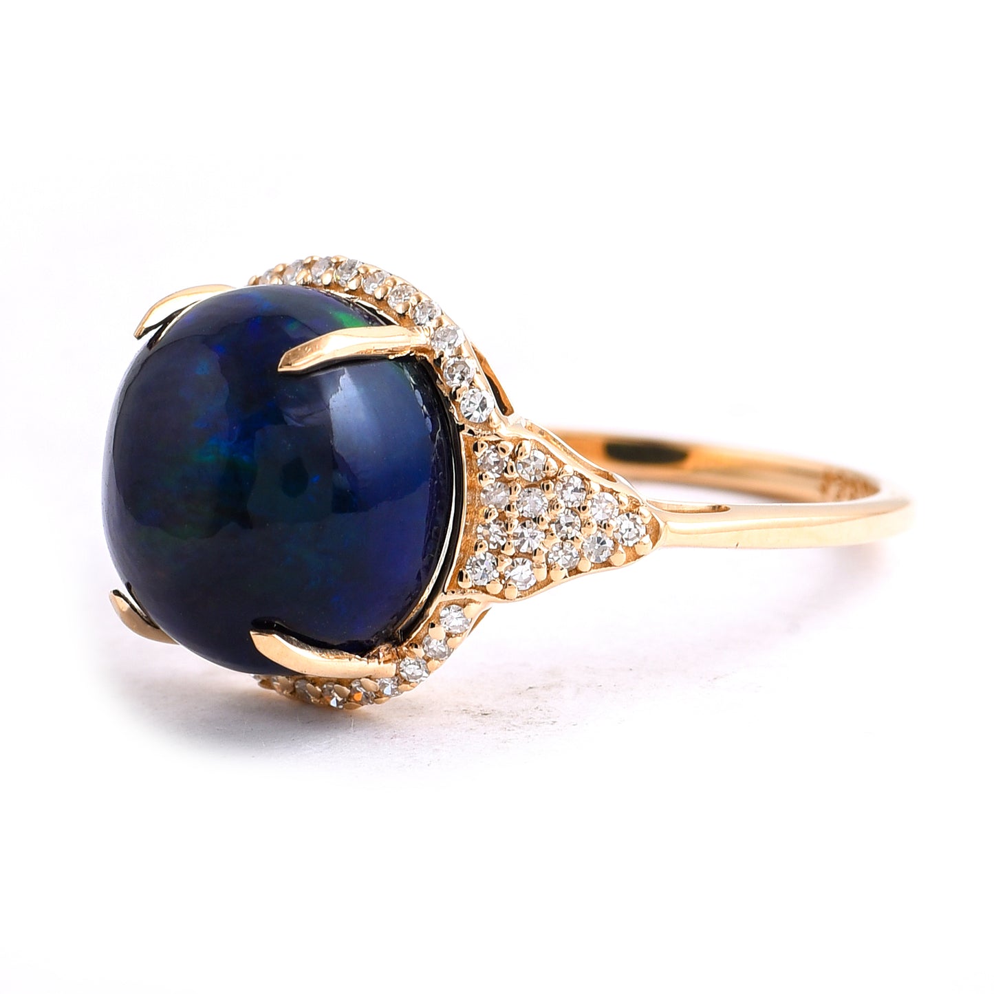 4.11 Ct Round Cabochon Cut Natural Black Opal 14K Gold Ring