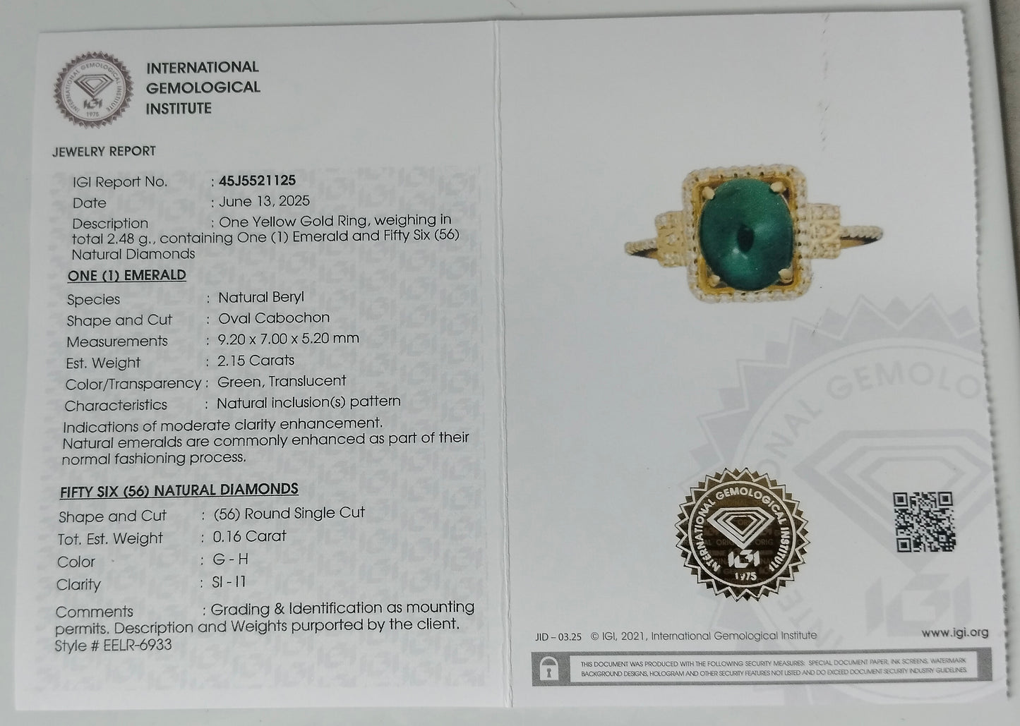 2.31 Ct Oval Cabochon Natural Beryl Emerald 14K Gold Ring