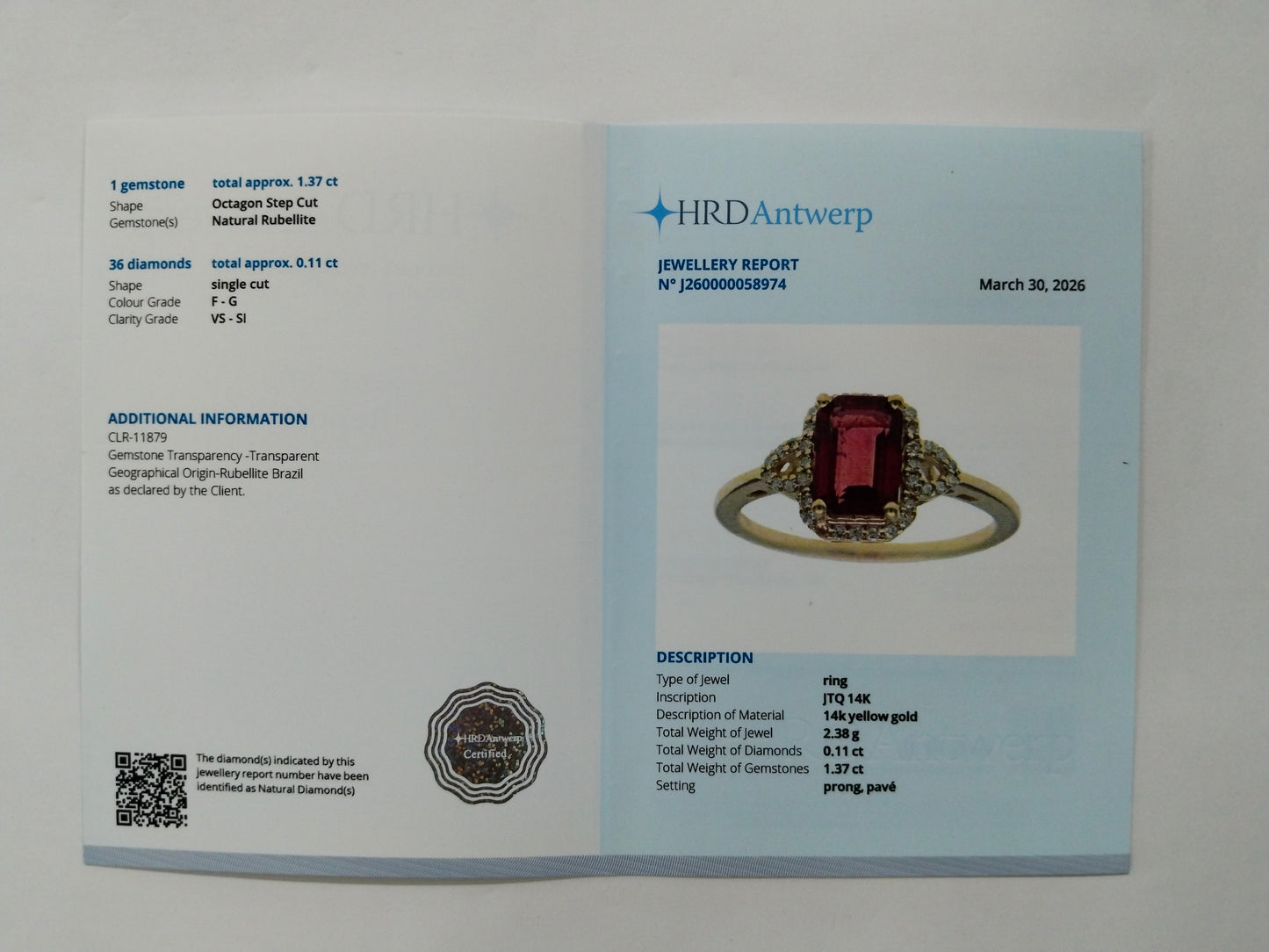1.48 Ct Octagon Step Cut Natural Rubellite 14K Gold Ring