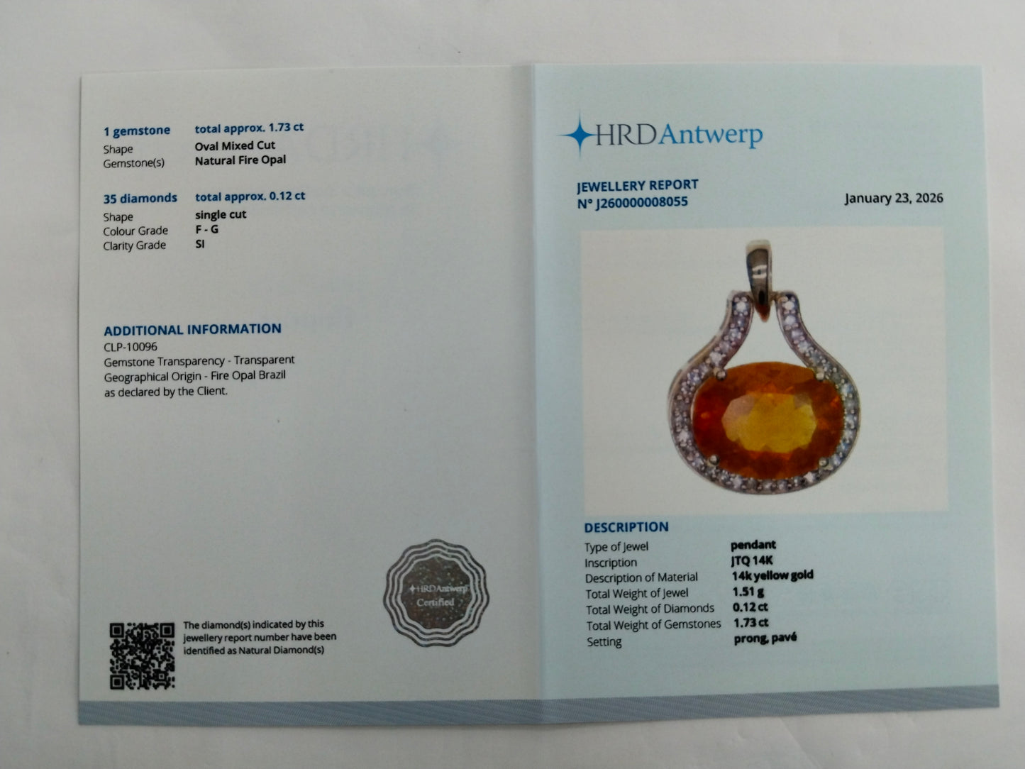 1.85 Ct Oval Mixed Cut Natural Fire Opal 14K Gold Pendant