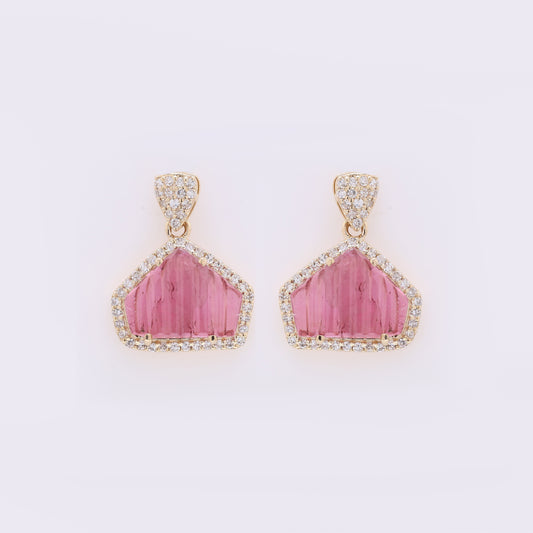 2.33 Ct Fancy Carving Natural Pink Tourmaline 14K Gold Earrings