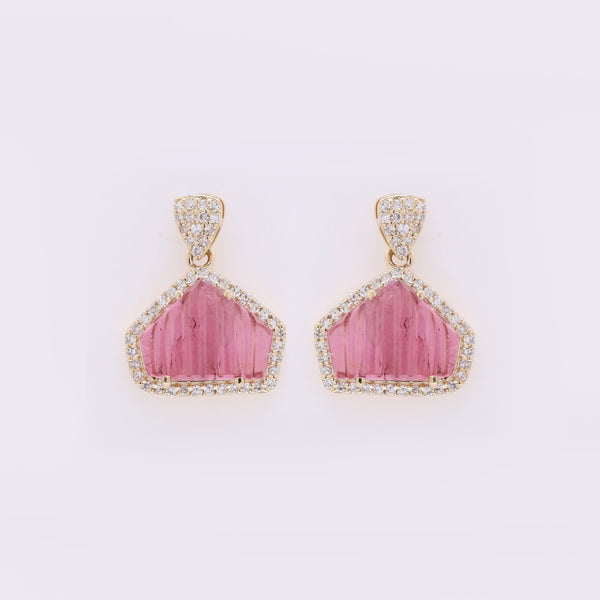 2.33 Ct Fancy Carving Natural Pink Tourmaline 14K Gold Earrings