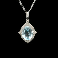3.58 Ct Oval Blue Topaz, White Zircon 925 Sterling Silver Pendant
