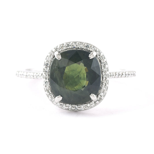 3.69 Ct Cushion Mixed Cut Natural Green Sapphire 950 Platinum Ring
