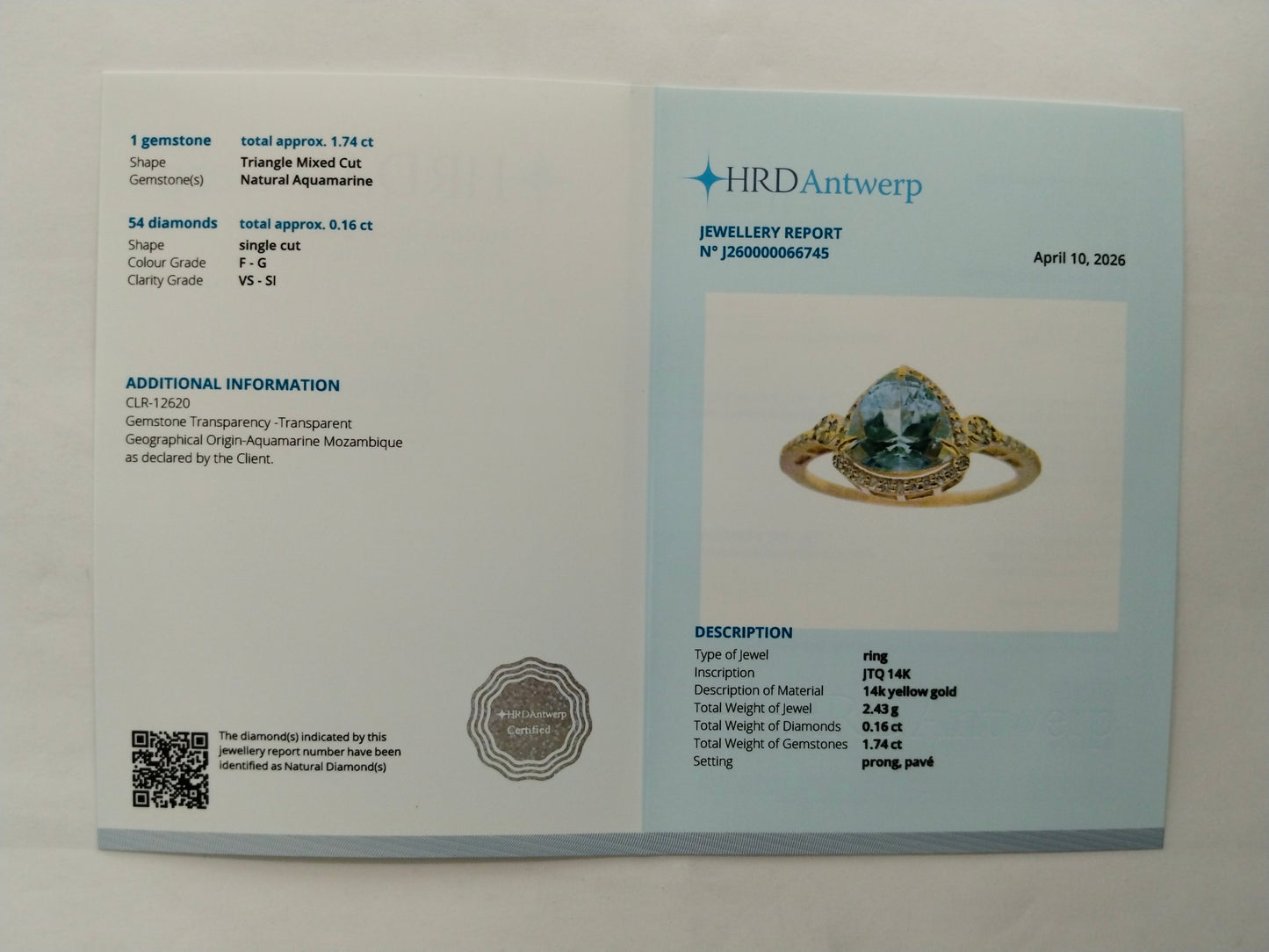 1.90 Ct Triangle Mixed Cut Natural Aquamarine 14K Gold Ring