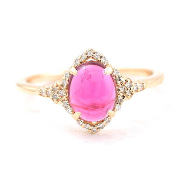 1.24 Ct Oval Cabochon Cut Natural Pink Tourmaline 14K Gold Ring