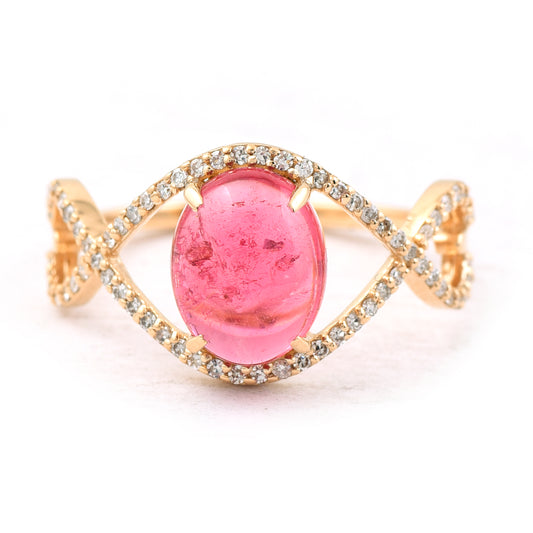 2.56 Ct Oval Cabochon Cut Natural Rubellite 14K Gold Ring