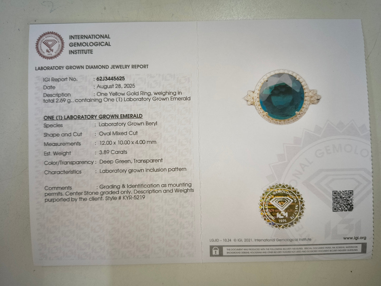 4.05 Ct Oval Mixed Cut Lab Grown Emerald 14K Gold Ring