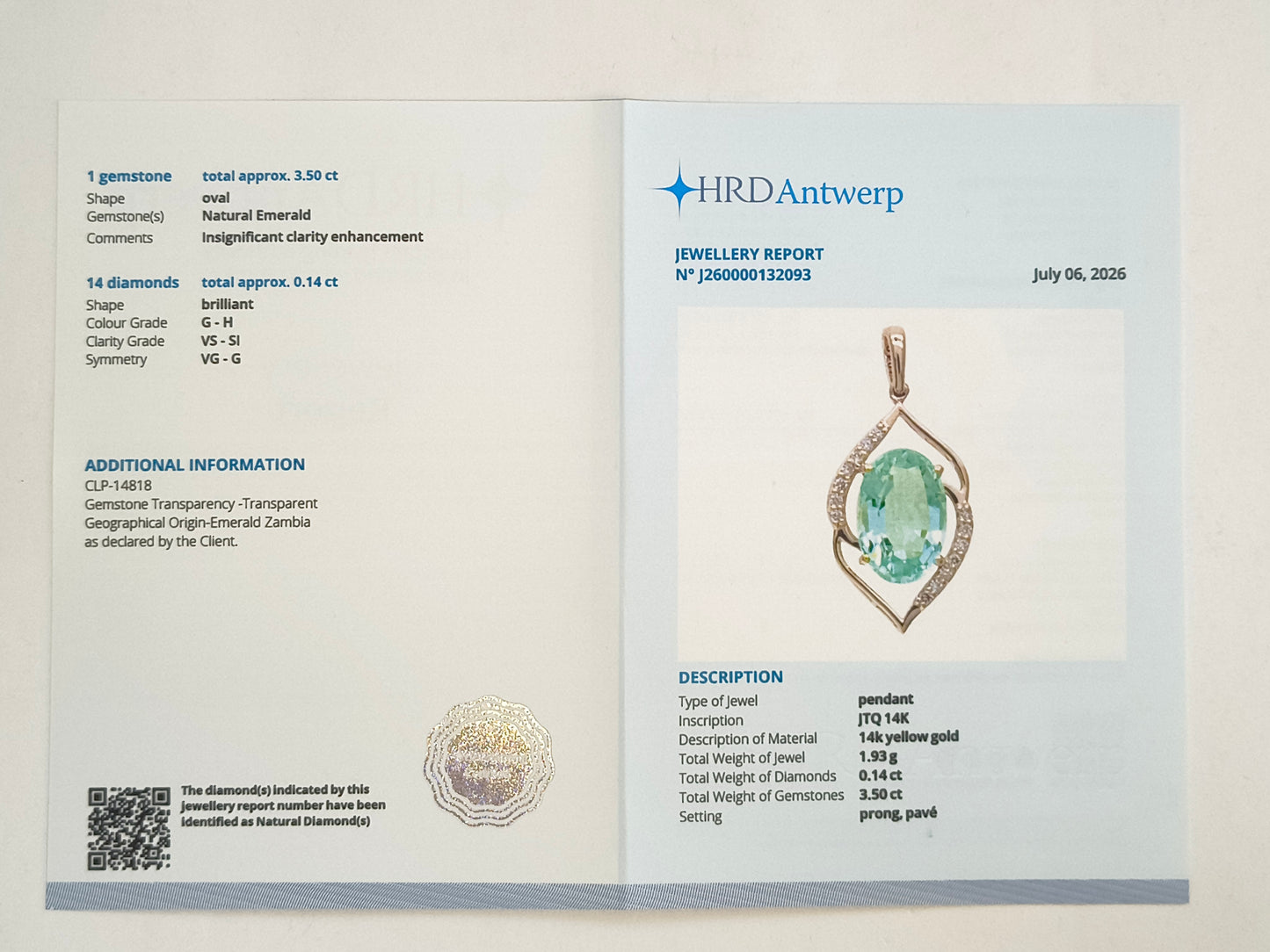 3.64 Ct Oval Natural Emerald 14K Gold Pendant