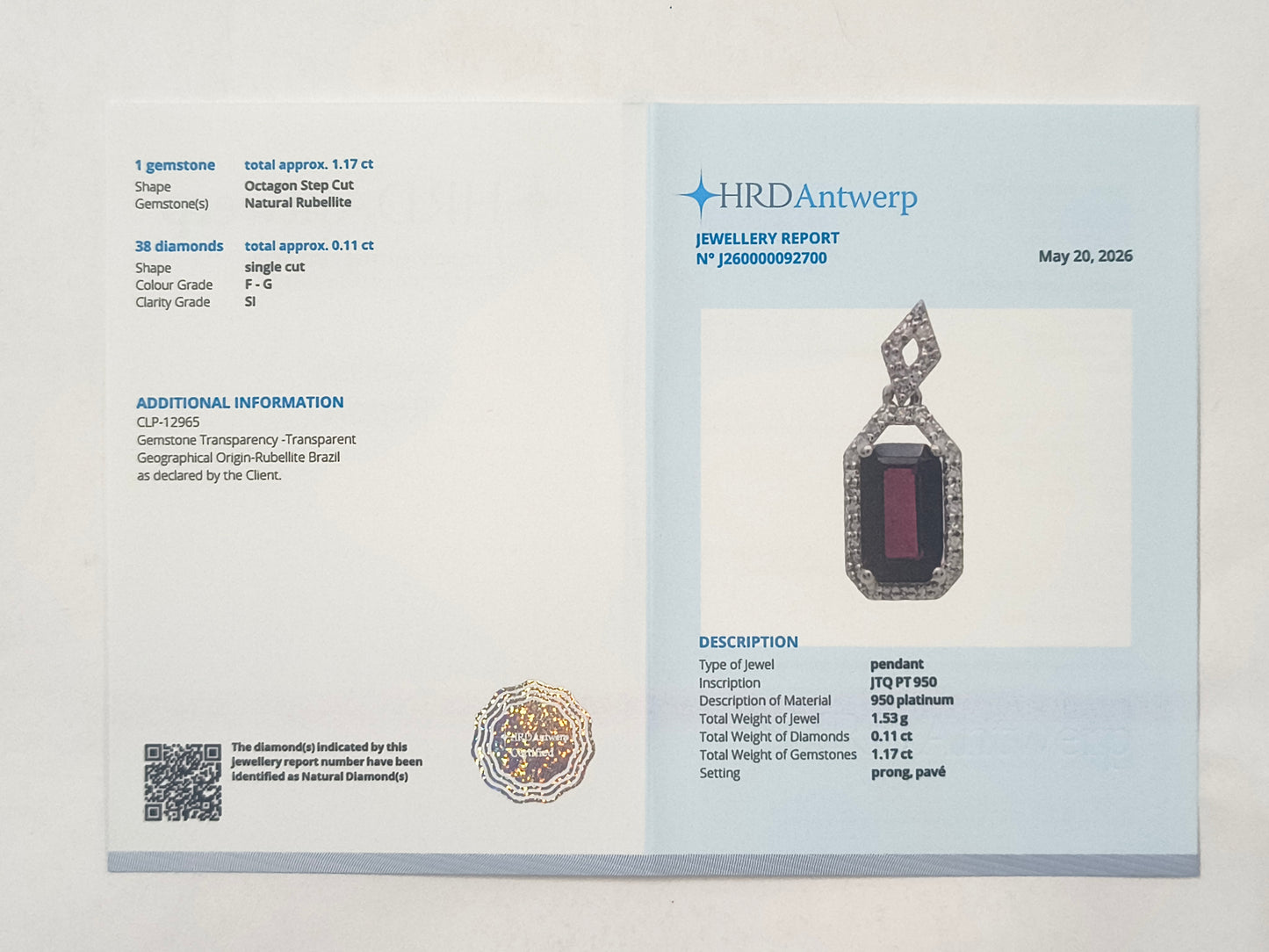 1.28 Ct Octagon Tourmaline 950 Platinum Pendant