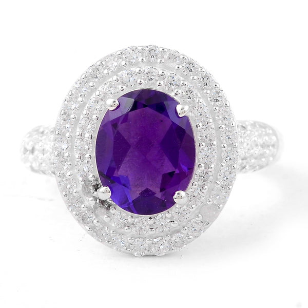 4.54 Ct Oval Created Amethyst, Cubic Zirconia 925 Sterling Silver Ring