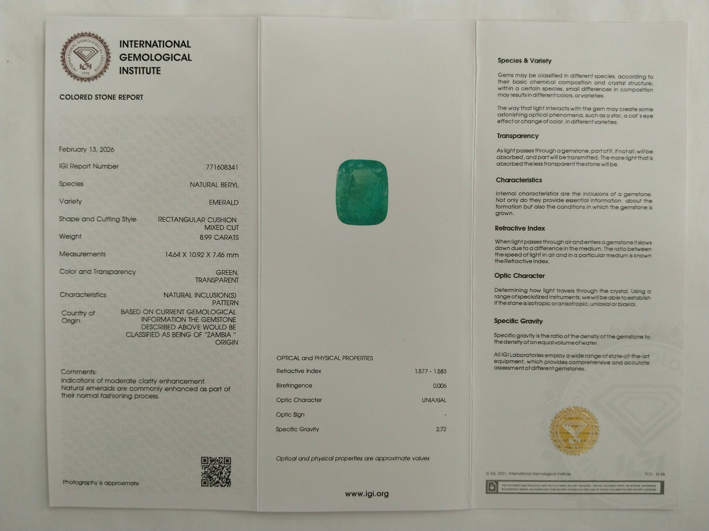8.99 Natural Beryl Emerald Rectangular Cushion Mixed Cut Gemstone