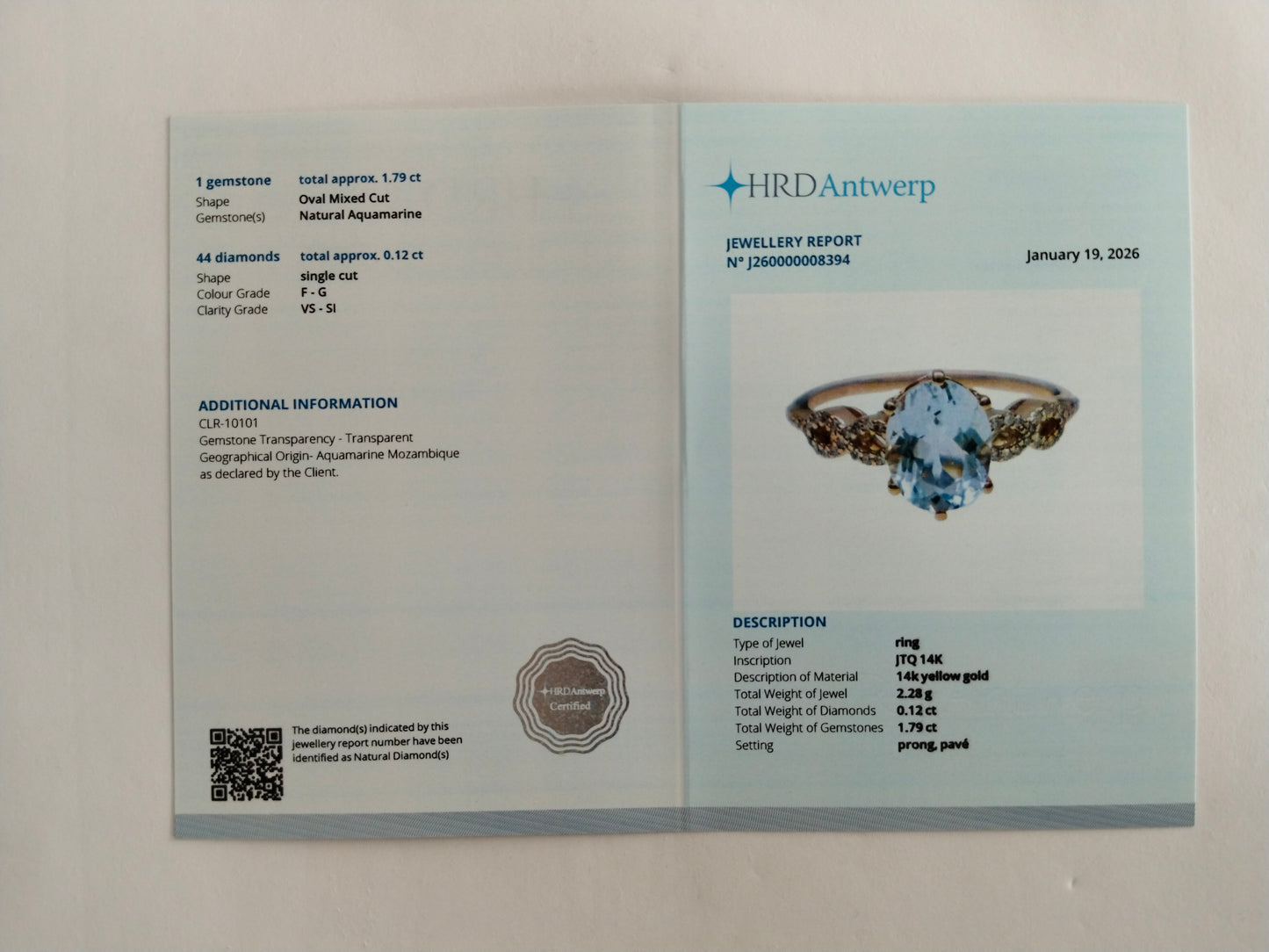 1.91 Ct Oval Mixed Cut Natural Aquamarine 14K Gold Ring