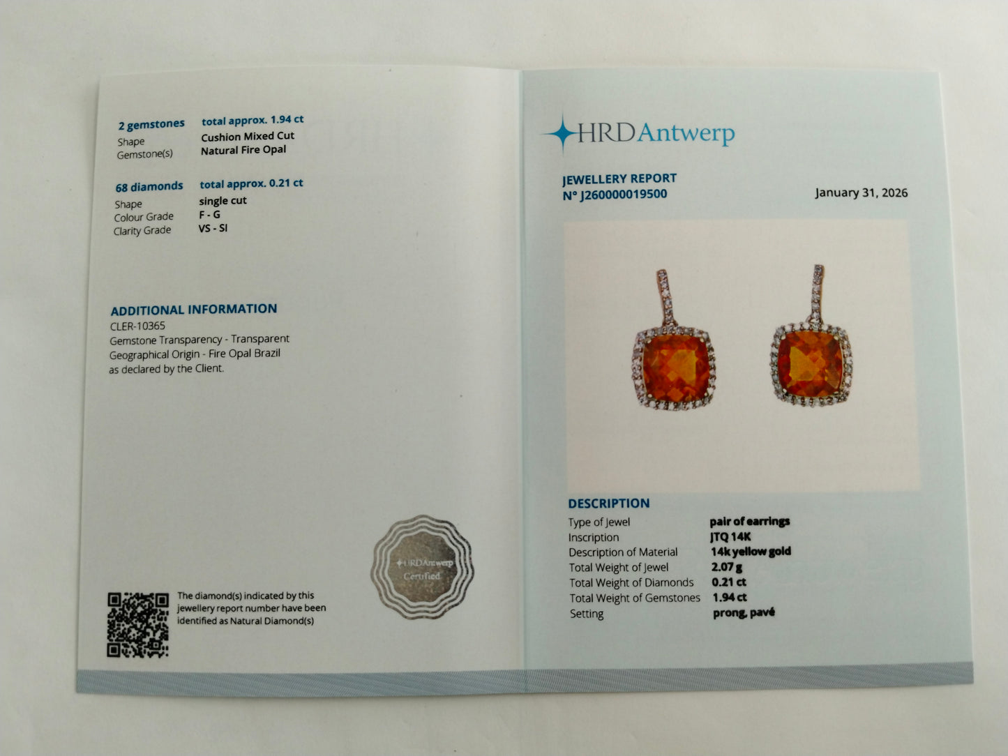 2.15 Ct Cushion Mixed Cut Natural Fire Opal 14K Gold Earrings