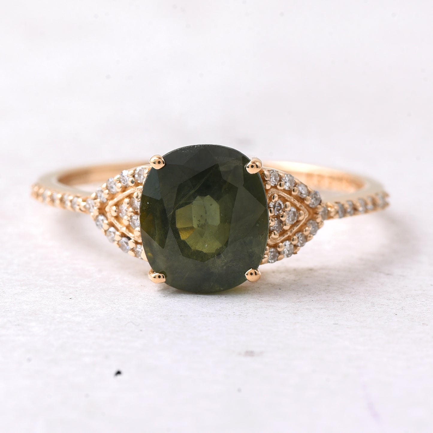 2.27 Ct Cushion Mixed Cut Natural Green Sapphire 14K Gold Ring
